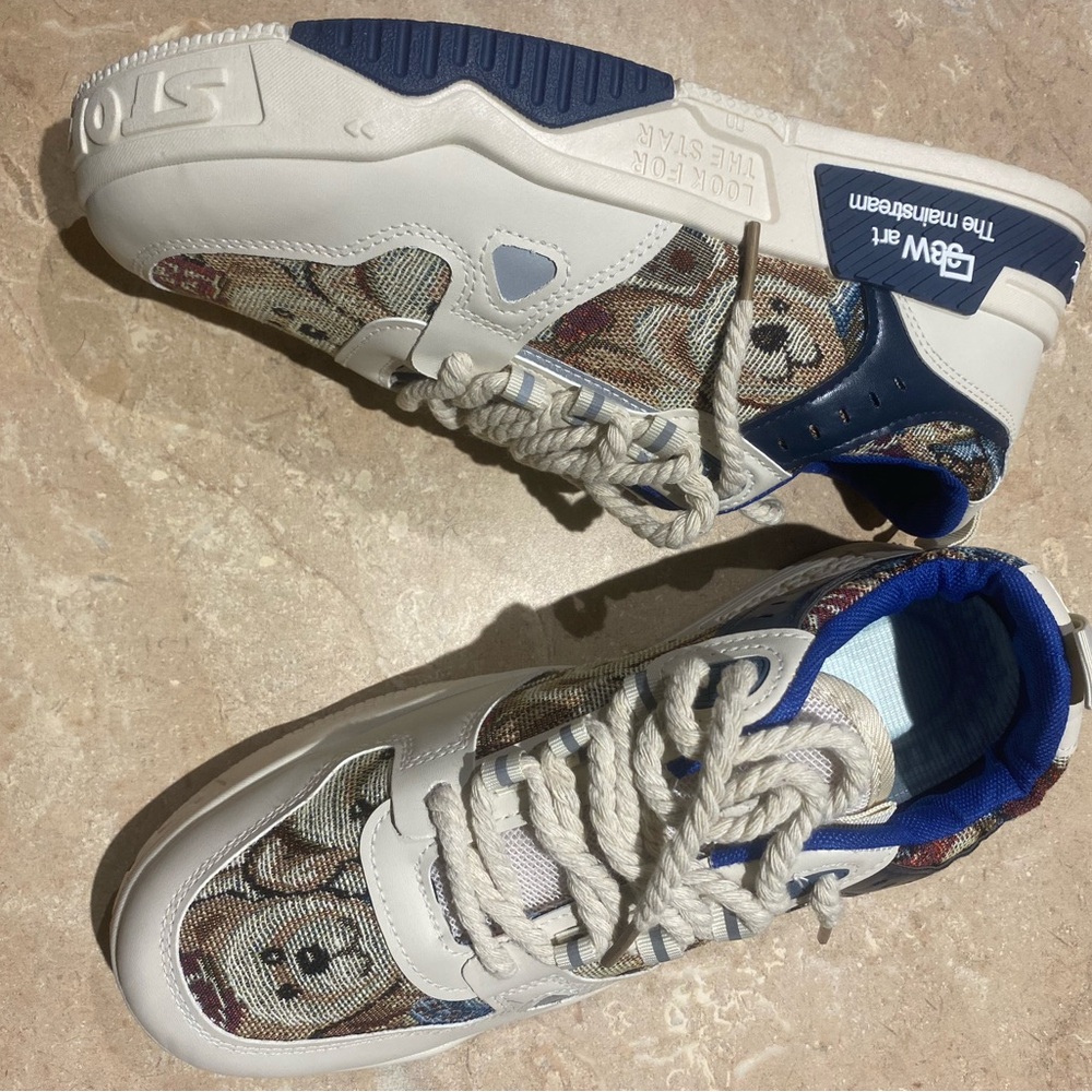 White and Blue Sneakers with Patterned Design
